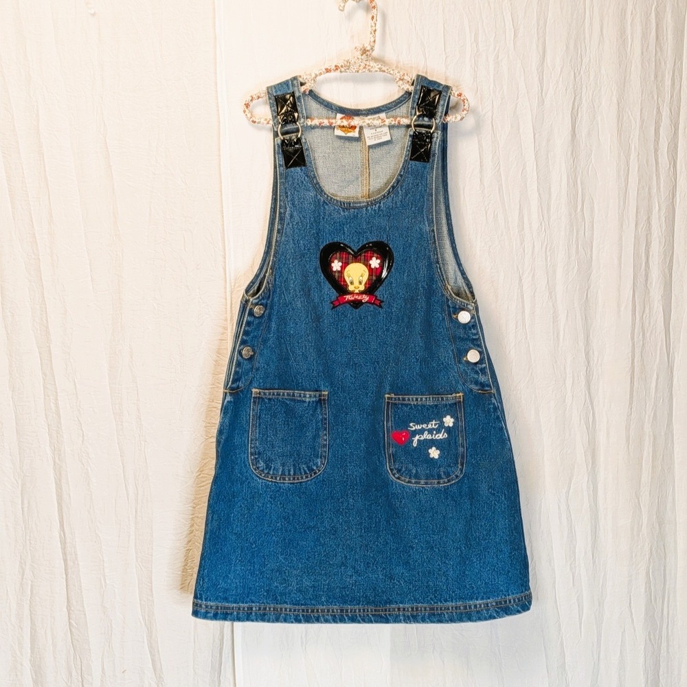 Vintage Looney Tunes Denim Jumper Dress Tweety Bird Sweet Plaids 1997